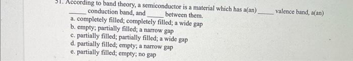 31 According To Band Theory A Semiconductor Is A Material Which Has A An Valence Band A An Conduction Band 1