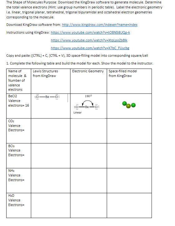 The Shape Of Molecules Purpose Download The Kingdraw Software To Generate Molecule Determine The Total Valence Electro 1