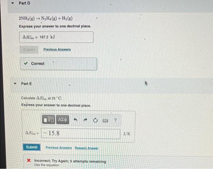Part D 2nh3 G N H4 G H G Express Your Answer To One Decimal Place Ah 187 2 Kj Submit Previous Answers Correct P 1