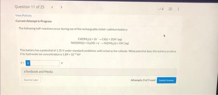 Question 8 Of 25 Ad View Policies Current Attempt In Progress Calculate E For The Reaction 31 5 Cr 0 34h 0 610 1 5