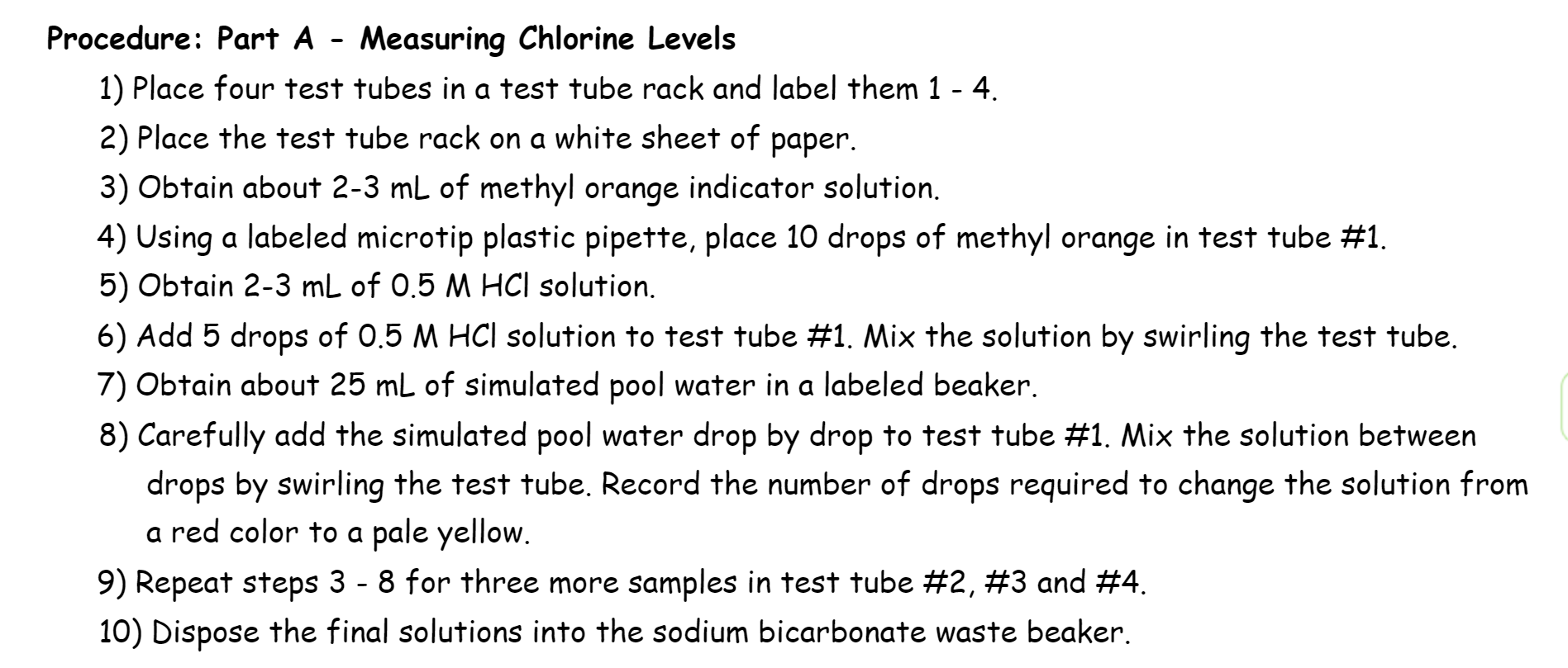 Procedure Part A Measuring Chlorine Levels 1 Place Four Test Tubes In A Test Tube Rack And Label Them 1 4 2 Plac 1