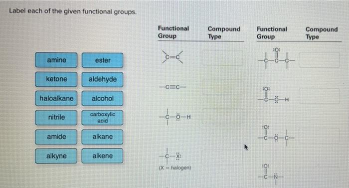 Label Each Of The Given Functional Groups Amine Ketone Haloalkane Nitrile Amide Alkyne Ester Aldehyde Alcohol Carboxyli 1