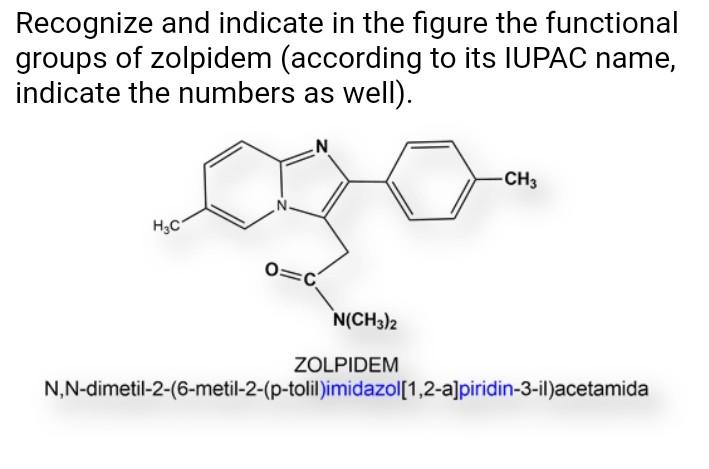 Recognize And Indicate In The Figure The Functional Groups Of Zolpidem According To Its Iupac Name Indicate The Number 1