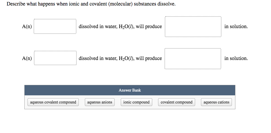 Describe What Happens When Ionic And Covalent Molecular Substances Dissolve A N A N Aqueous Covalent Compound Disso 1
