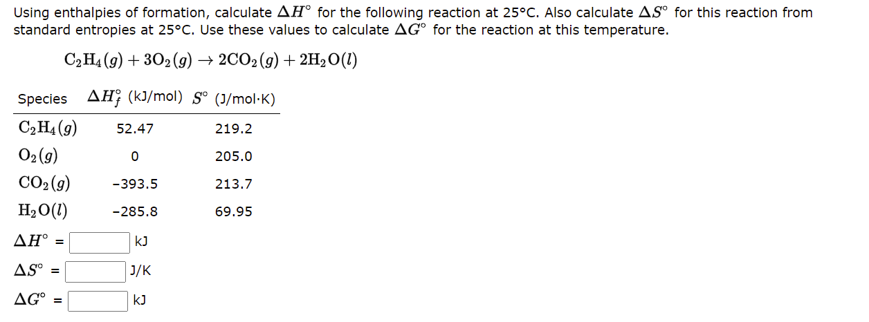 Using Enthalpies Of Formation Calculate Ah For The Following Standard Entropies At 25 C Use These Values To Calculate 1