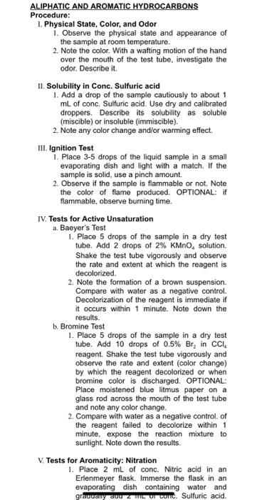 Aliphatic And Aromatic Hydrocarbons Procedure 1 Physical State Color And Odor 1 Observe The Physical State And Appe 1