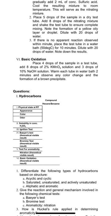 Aliphatic And Aromatic Hydrocarbons Procedure 1 Physical State Color And Odor 1 Observe The Physical State And Appe 2