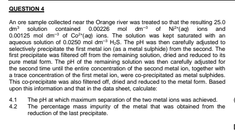 Question 4 Ions And An Ore Sample Collected Near The Orange River Was Treated So That The Resulting 25 0 Dm Solution Co 1