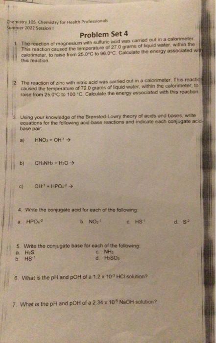 Chemistry 105 Chemistry For Health Professionals Summer 2022 Session 1 Problem Set 4 1 The Reaction Of Magnesium With Su 1