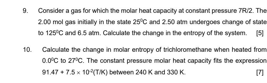 9 10 Consider A Gas For Which The Molar Heat Capacity At Constant Pressure 7r 2 The 2 00 Mol Gas Initially In The Sta 1