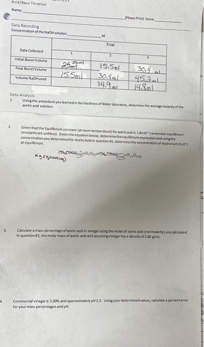 4 3 Acid Base Titration Name Data Recording Concentration Of The Naoh Solution Data Collected Initial Buret Volume Fi 1