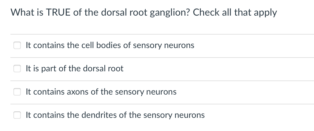 What Is True Of The Dorsal Root Ganglion Check All That Apply It Contains The Cell Bodies Of Sensory Neurons It Is Part 1