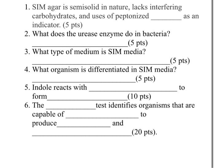1 Sim Agar Is Semisolid In Nature Lacks Interfering Carbohydrates And Uses Of Peptonized Indicator 5 Pts 2 What D 1