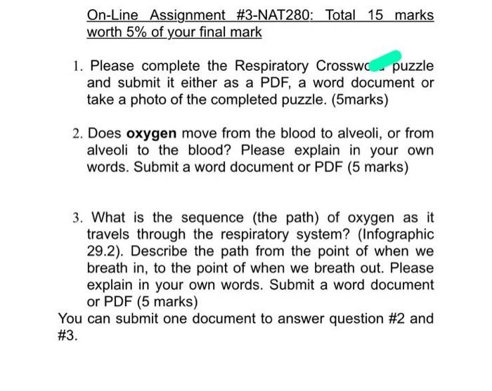On Line Assignment 3 Nat280 Total 15 Marks Worth 5 Of Your Final Mark 1 Please Complete The Respiratory Crosswc Puzz 1