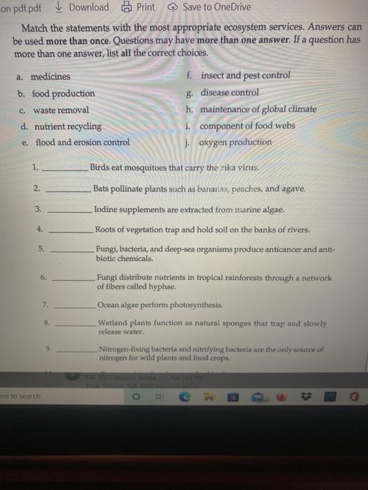On Pdf Pdf Download Print Save To Onedrive Match The Statements With The Most Appropriate Ecosystem Services Answers Ca 1