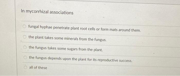 In Mycorrhizal Associations Ofungal Hyphae Penetrate Plant Root Cells Or Form Mats Around Them The Plant Takes Some Mi 1