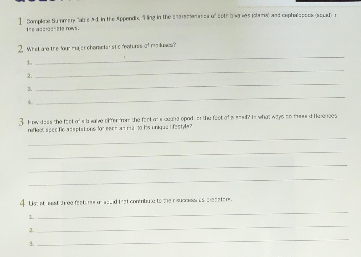1 Complete Summary Table A 1 In The Appendix Filling In The Characteristics Of Both Bivalves Clams And Cephalopods S 1