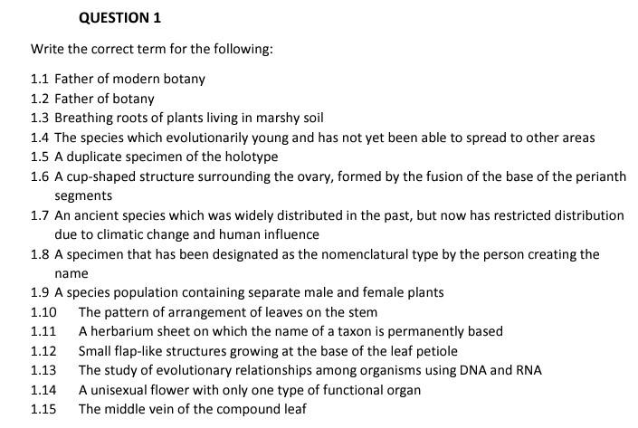Question 1 Write The Correct Term For The Following 1 1 Father Of Modern Botany 1 2 Father Of Botany 1 3 Breathing Root 1