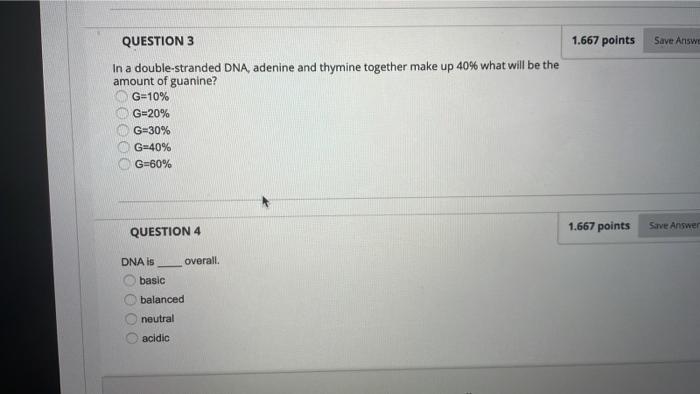 Question 3 In A Double Stranded Dna Adenine And Thymine Together Make Up 40 What Will Be The Amount Of Guanine 00000 1