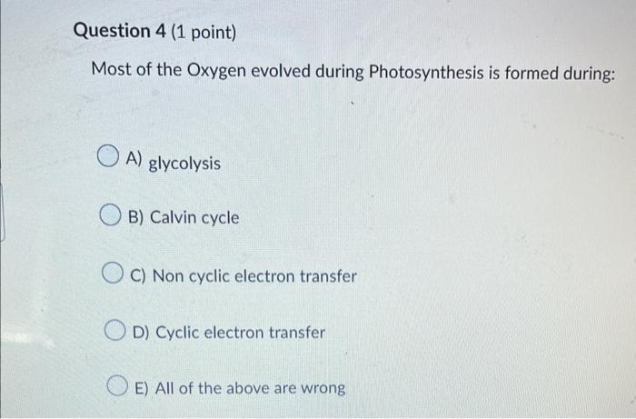 Question 1 1 Point Which Of The Following Are Raw Materials For Photosynthesis A Co2 And Starch B Hydrogen Atoms A 4