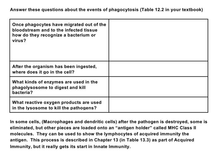 Answer These Questions About The Events Of Phagocytosis Table 12 2 In Your Textbook Once Phagocytes Have Migrated Out 1