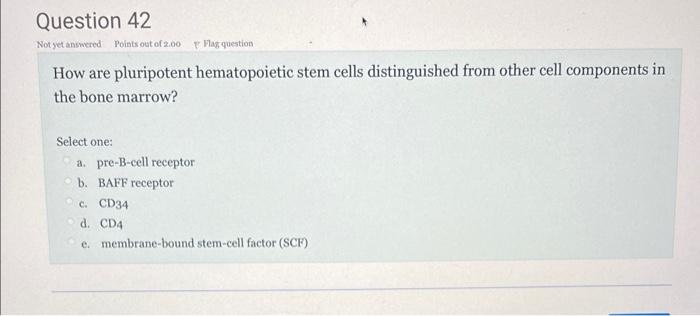 Question 42 Not Yet Answered Points Out Of 2 00 Flag Question How Are Pluripotent Hematopoietic Stem Cells Distinguished 1
