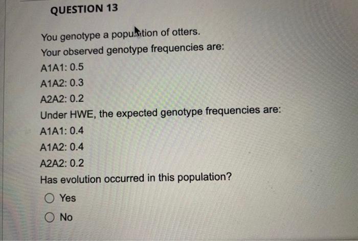Question 13 You Genotype A Population Of Otters Your Observed Genotype Frequencies Are A1a1 0 5 A1a2 0 3 A2a2 0 2 U 1