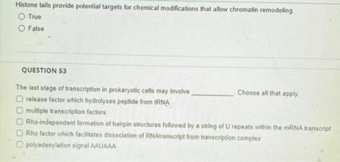 Histone Tails Provide Potential Targets For Chemical Modifications That Allow Chromatin Remodeling O True O False Questi 1