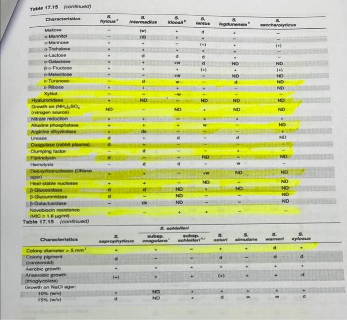 1 List Of Possible Staphylococcus Unknowns The List Of Staphylococcus Species Shown Below Are All Coagulase Negative St 8