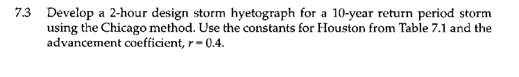 7 3 Develop A 2 Hour Design Storm Hyetograph For A 10 Year Return Period Storm Using The Chicago Method Use The Constan 1