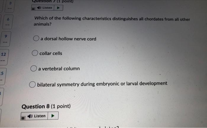 9 12 5 3 Uestion 19 Listen 1 Point Which Of The Following Characteristics Distinguishes All Chordates From All Other A 1