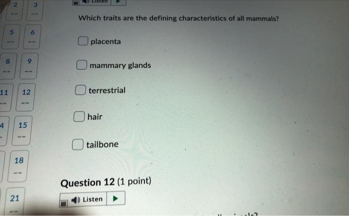 11 4 In 8 2 5 21 9 12 1 15 18 3 6 I Which Traits Are The Defining Characteristics Of All Mammals Placenta Omammary Glan 1