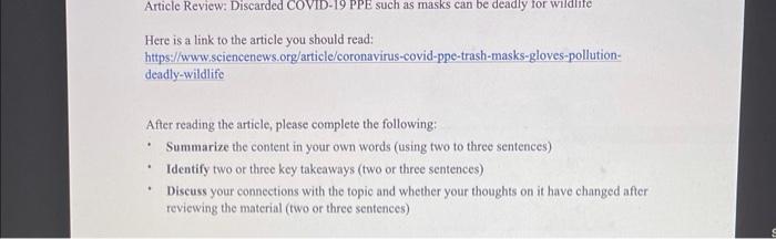 Article Review Discarded Covid 19 Ppe Such As Masks Can Be Deadly For Wildlife Here Is A Link To The Article You Should 1
