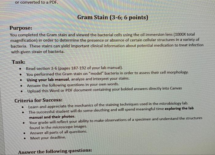 Or Converted To A Pdf Purpose You Completed The Gram Stain And Viewed The Bacterial Cells Using The Oil Immersion Lens 1