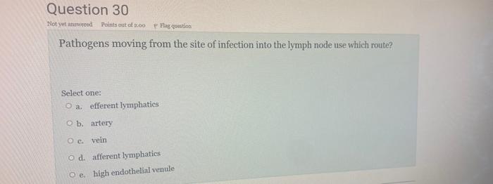 Question 30 Not Yet Answered Points Out Of 200 Flag Question Pathogens Moving From The Site Of Infection Into The Lymph 1