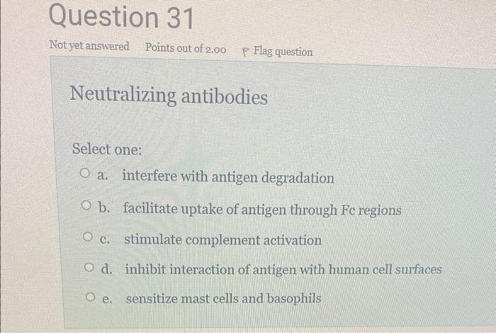 Question 31 Not Yet Answered Points Out Of 2 00 P Flag Question Neutralizing Antibodies Select One O A Interfere With 1