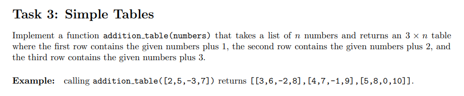 Task 3 Simple Tables Implement A Function Addition Table Numbers That Takes A List Of N Numbers And Returns An 3 X N 1