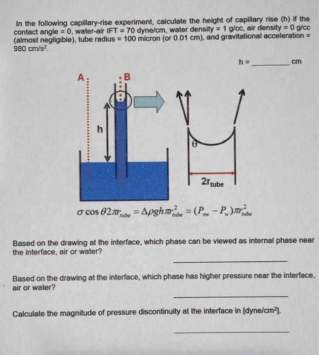 In The Following Capillary Rise Experiment Calculate The Height Of Capillary Rise H If The Contact Angle 0 Water 1