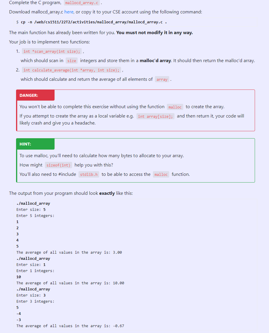 Complete The C Program Mallocd Array C Download Mallocd Array C Here Or Copy It To Your Cse Account Using The Followi 1