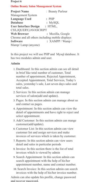 Project 6 Online Beauty Salon Management System Project Name Management System Language Used Database User Interface Des 2