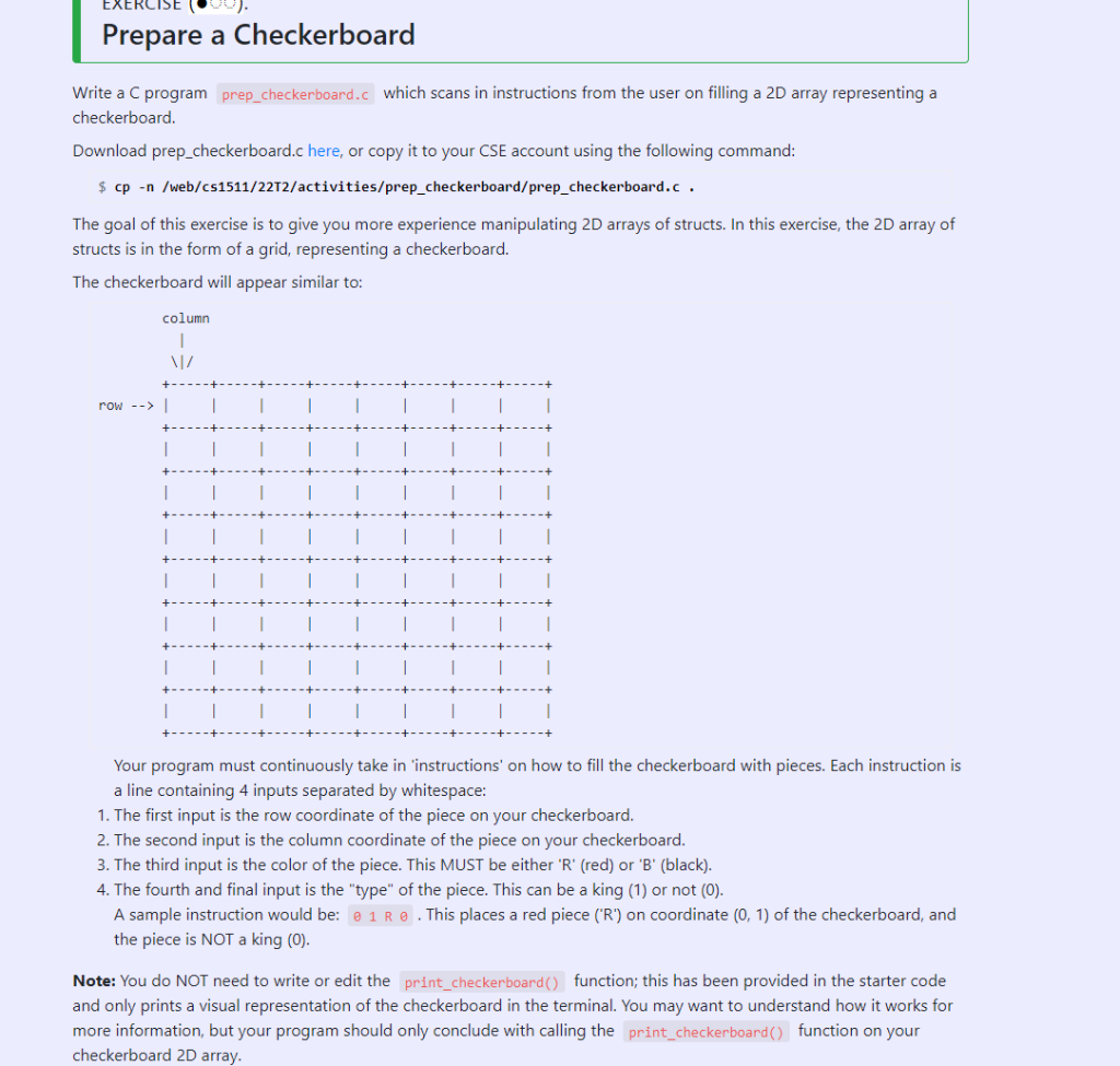 Cise Prepare A Checkerboard Write A C Program Prep Checkerboard C Which Scans In Instructions From The User On Filling A 1