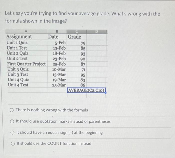 Let S Say You Re Trying To Find Your Average Grade What S Wrong With The Formula Shown In The Image Assignment Unit 1 1