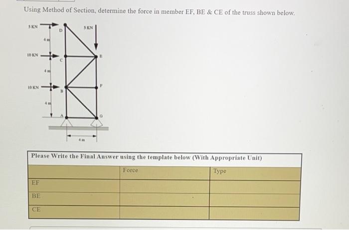 Using Method Of Section Determine The Force In Member Ef Be Ce Of The Truss Shown Below Sen Skn D Lorn 10 Kn Please 1