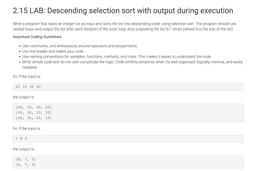 2 15 Lab Descending Selection Sort With Output During Execution Write A Program That Takes An Integer List As Input And 1