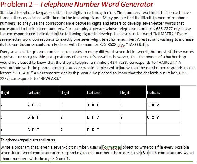 Problem 2 Telephone Number Word Generator Standard Telephone Keypads Contain The Digits Zero Through Nine The Numbers 1