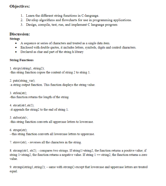 Objectives 1 Learn The Different String Functions In C Language 2 Develop Algorithms And Flowcharts For Use In Progr 1