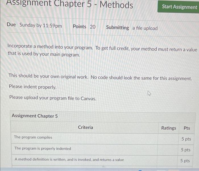 Assignment Chapter 5 Methods Due Sunday By 11 59pm Points 20 Incorporate A Method Into Your Program To Get Full Credi 1
