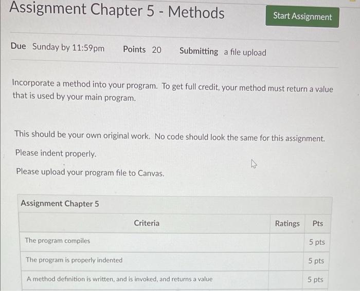 Assignment Chapter 5 Methods Due Sunday By 11 59pm Points 20 Incorporate A Method Into Your Program To Get Full Credi 2