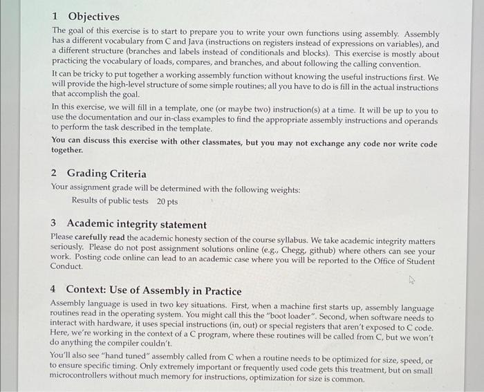1 Objectives The Goal Of This Exercise Is To Start To Prepare You To Write Your Own Functions Using Assembly Assembly H 1