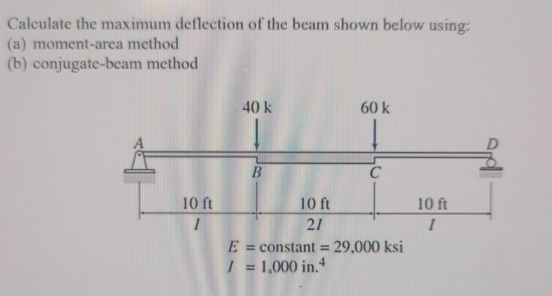 Calculate The Maximum Deflection Of The Bcam Shown Below Using A Moment Area Method B Conjugate Beam Method 40 K 60 1